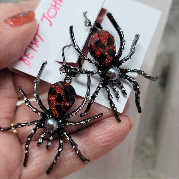 Betsey Johnson Large Spider Rhinestone Earrings - Picture 6 of 9